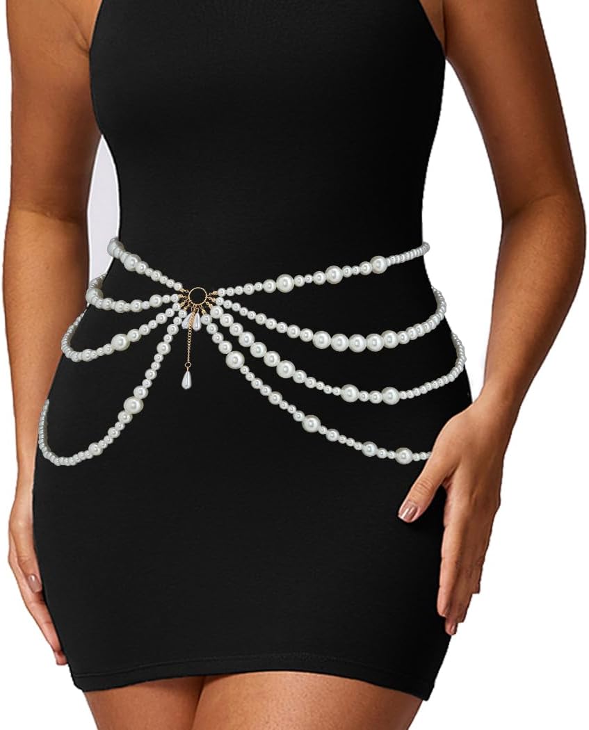 CanB Pearl Waist Chain Layered Belly Body Chains Bikini Belly Chain Beach Rave Party Body Accessories for Women and Girls