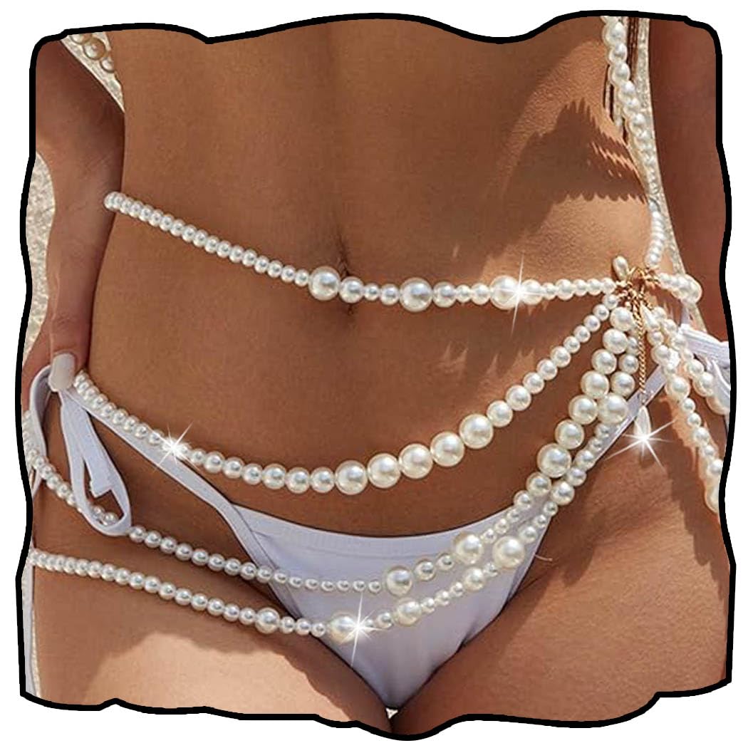 CanB Pearl Waist Chain Layered Belly Body Chains Bikini Belly Chain Beach Rave Party Body Accessories for Women and Girls