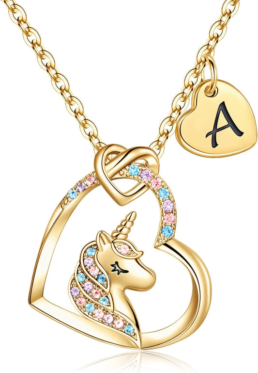 Hidepoo Unicorn Necklace Gifts for Girls Daughter - Colorful CZ Heart Pendant Initial Unicorn Necklaces for Girl Teens Little Girls Jewelry Birthday Gift