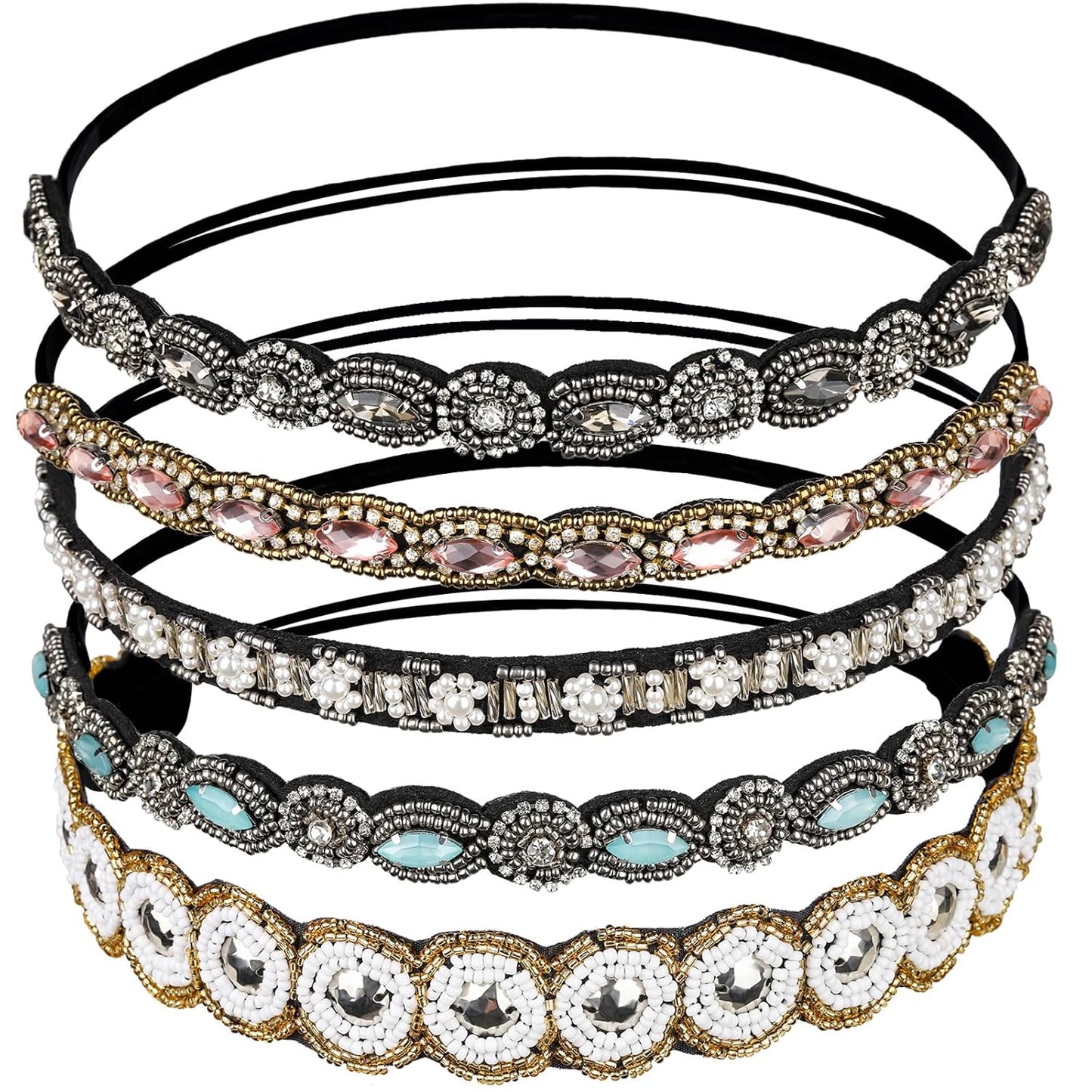 Teenitor 5pcs Hairbands for Women, 5 Rhinestone Beaded Headbands, Head Bands for Women's Hair Fashionable Handmade Crystal Beaded Elastic hairbands, 20-26.8"(51-68cm), 1 Count (Pack of 5), HAIRBAND