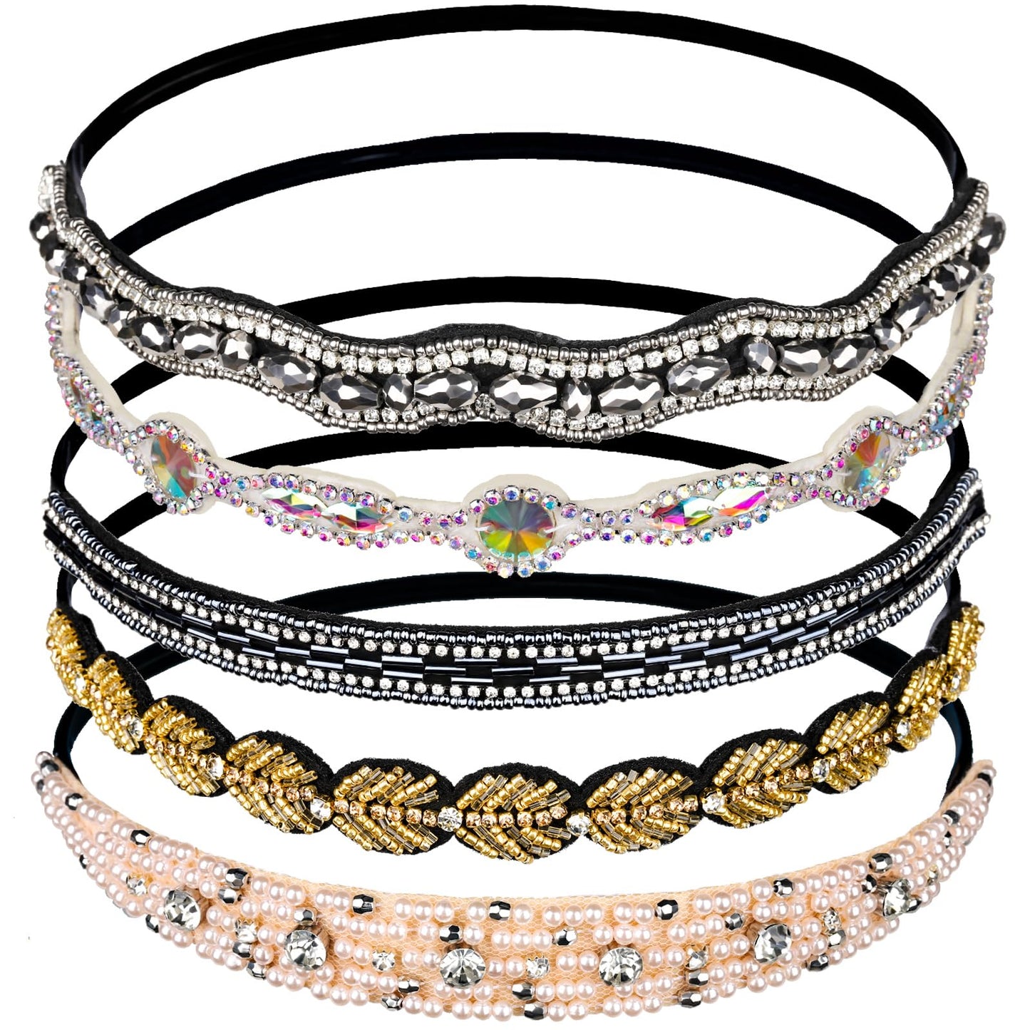 Teenitor 5pcs Hairbands for Women, 5 Rhinestone Beaded Headbands, Head Bands for Women's Hair Fashionable Handmade Crystal Beaded Elastic hairbands, 20-26.8"(51-68cm), 1 Count (Pack of 5), HAIRBAND