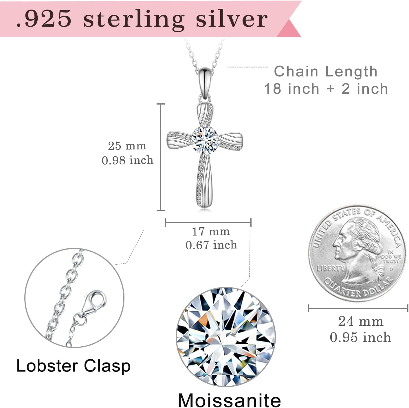 Cehuzeli Cross Moissanite Necklace 925 Sterling Silver Moissanites Necklace for Women Cross Pendant with Moissanite Stone Jewelry Gifts for Women