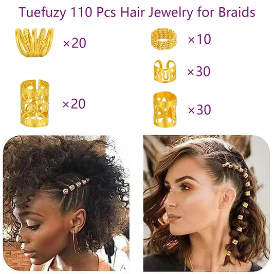 110 Pcs Gold Hair Jewelry for Braids and Dreadlocks - Metal Rings, Cuffs, Clips Accessory Decorations - Golden Yellow