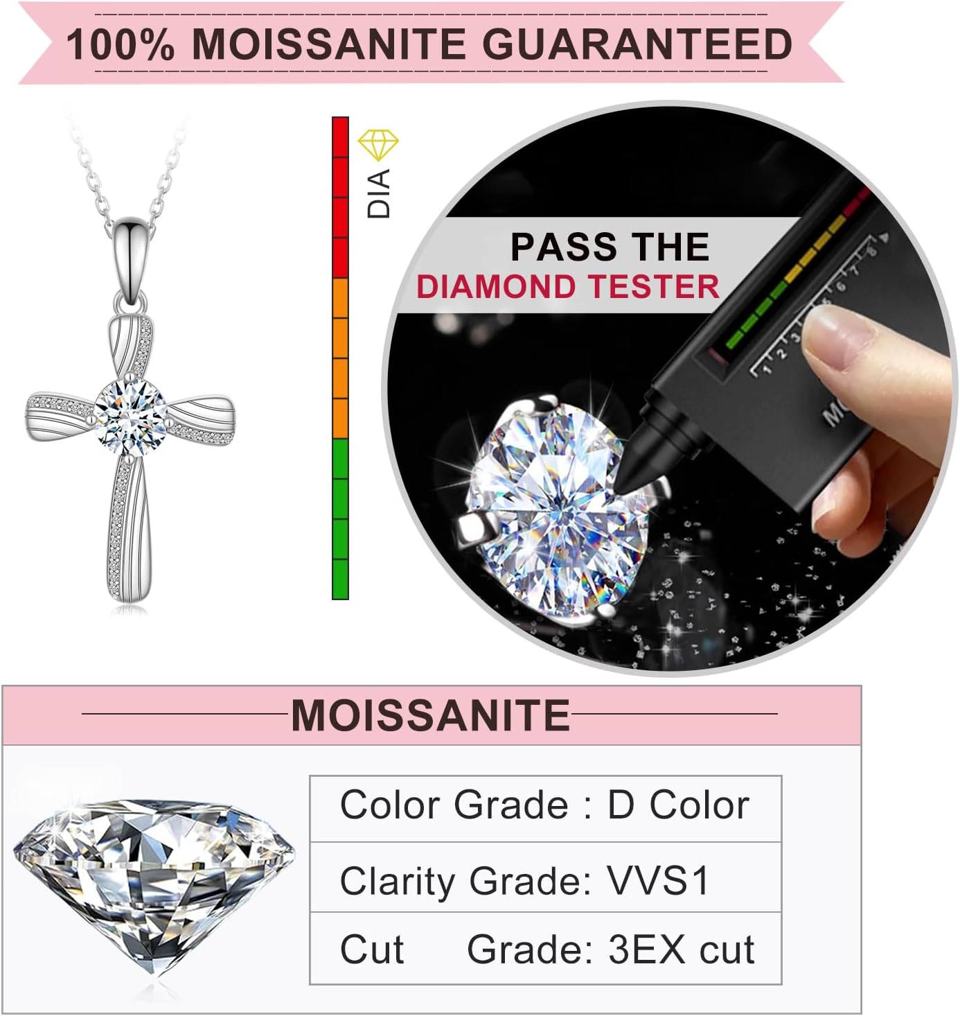 Cehuzeli Cross Moissanite Necklace 925 Sterling Silver Moissanites Necklace for Women Cross Pendant with Moissanite Stone Jewelry Gifts for Women