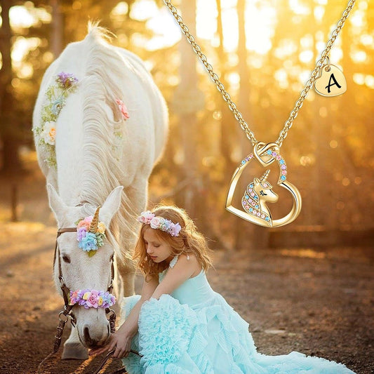 Hidepoo Unicorn Necklace Gifts for Girls Daughter - Colorful CZ Heart Pendant Initial Unicorn Necklaces for Girl Teens Little Girls Jewelry Birthday Gift