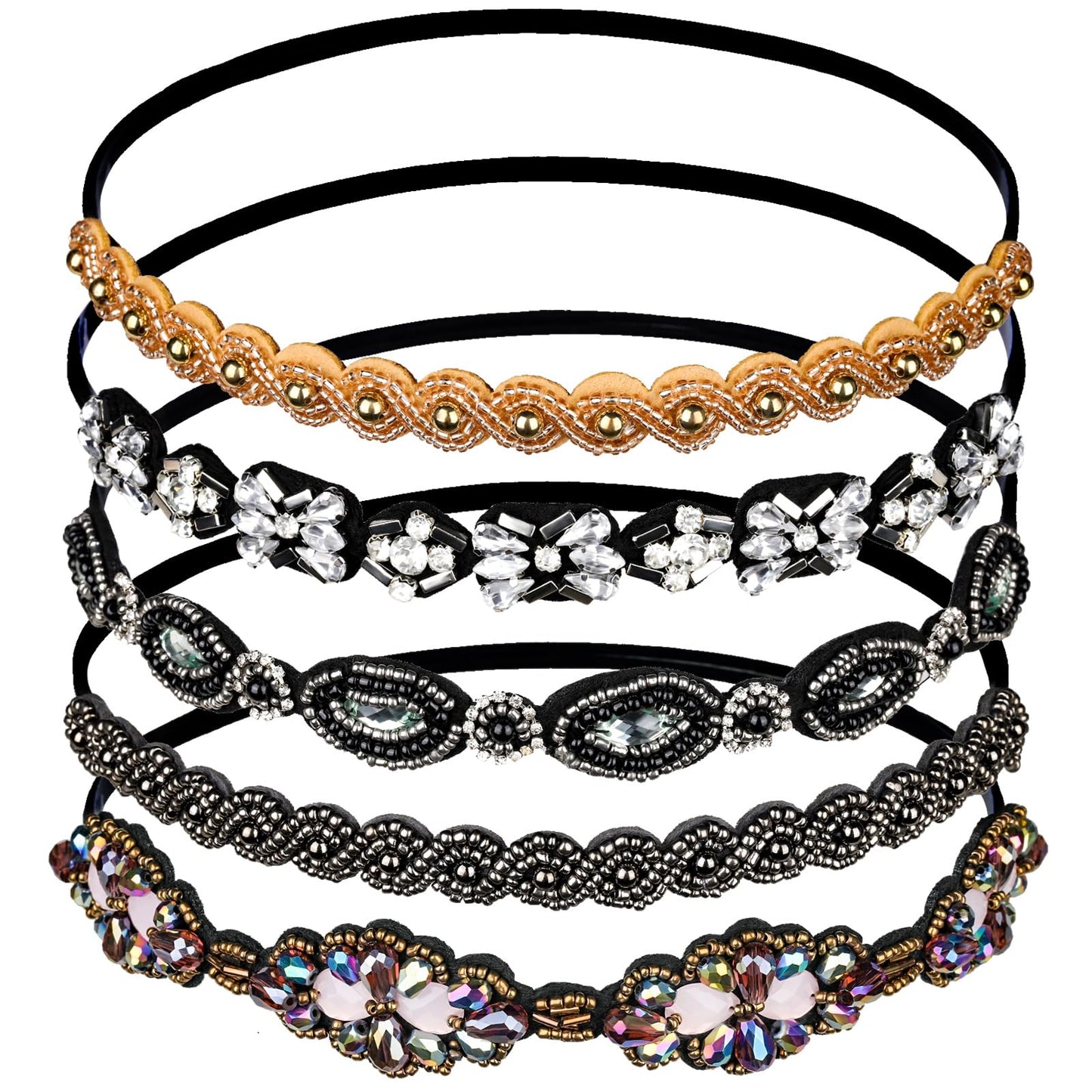 Teenitor 5pcs Hairbands for Women, 5 Rhinestone Beaded Headbands, Head Bands for Women's Hair Fashionable Handmade Crystal Beaded Elastic hairbands, 20-26.8"(51-68cm), 1 Count (Pack of 5), HAIRBAND