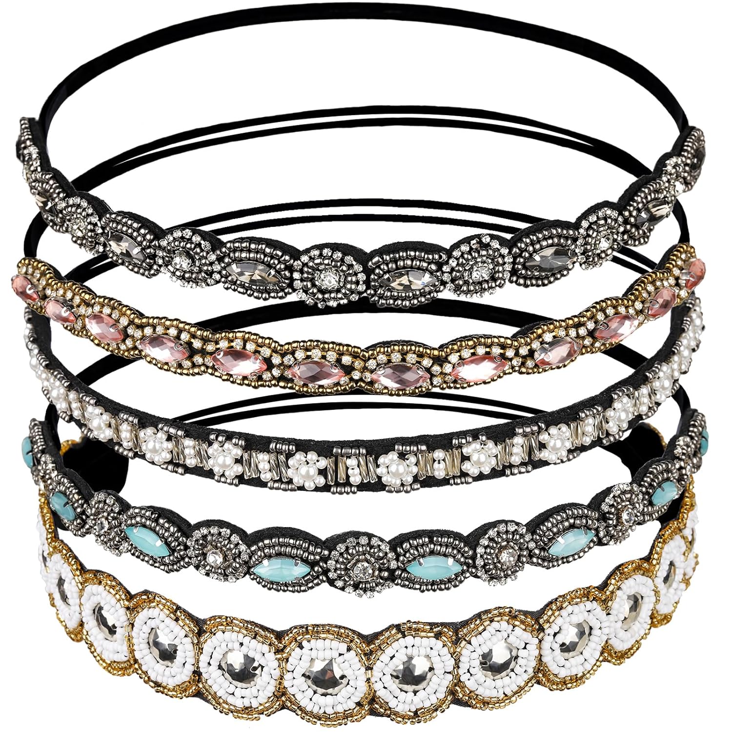 Teenitor 5pcs Hairbands for Women, 5 Rhinestone Beaded Headbands, Head Bands for Women's Hair Fashionable Handmade Crystal Beaded Elastic hairbands, 20-26.8"(51-68cm), 1 Count (Pack of 5), HAIRBAND