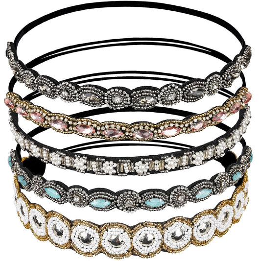 Teenitor 5pcs Hairbands for Women, 5 Rhinestone Beaded Headbands, Head Bands for Women's Hair Fashionable Handmade Crystal Beaded Elastic hairbands, 20-26.8"(51-68cm), 1 Count (Pack of 5), HAIRBAND