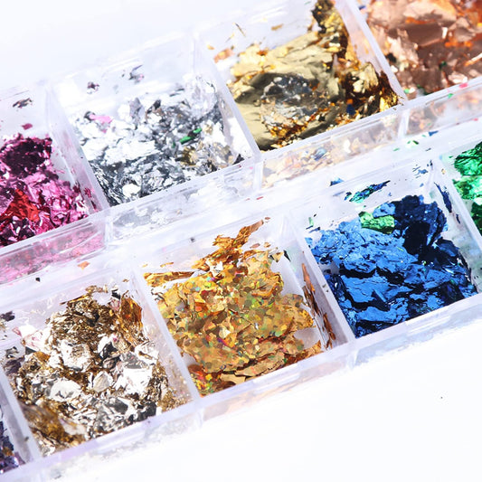 Holographic Nail Glitter Foils, 12 Colors Sparkly Ultra-Thin Aluminum Foil Nail Art Flakes Design, Laser Nail Sequins Acrylic Supplies for Women Girls Manicure Charms Decorations, DIY 3D Nail Art Tips